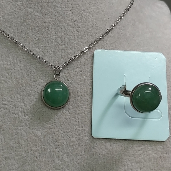 Aventurine Necklace & Ring Set Natural Gemstone Adjustable Stainless-Steel Ring - Picture 6 of 11